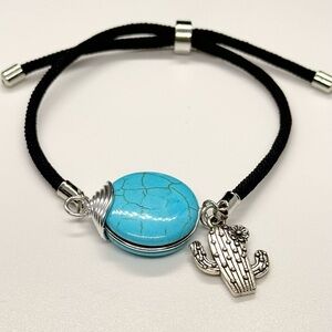 Turquoise and Silver Cactus Adjustable Charm Bracelet